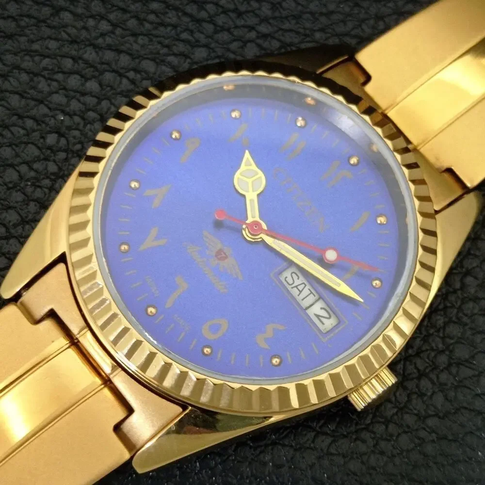 Vintage 1974 Citizen Automatic Mens Gold Watch W/daydate & Blue accents